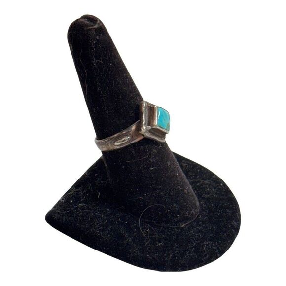 Vtg 7.5 Navajo Ted Ott Signed Sterling Silver Ring Turquoise Accent Diamond Shap - Picture 4 of 8